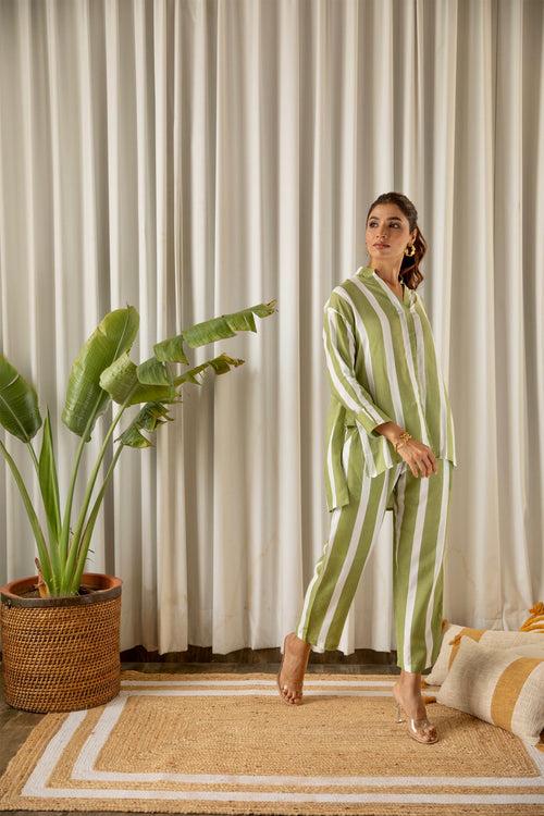 Green Striped Muslin Co-ord Set (Set of Two)