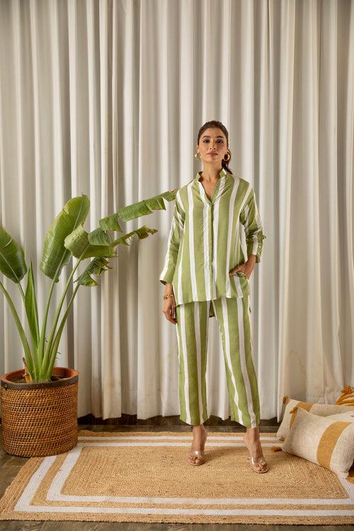 Green Striped Muslin Co-ord Set (Set of Two)