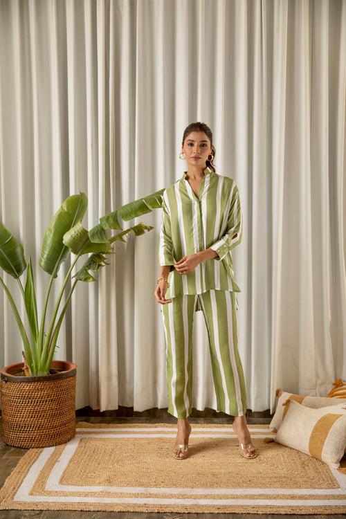 Green Striped Muslin Co-ord Set (Set of Two)