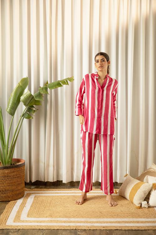 Fuchsia Striped Muslin Co-ord Set (Set of Two)