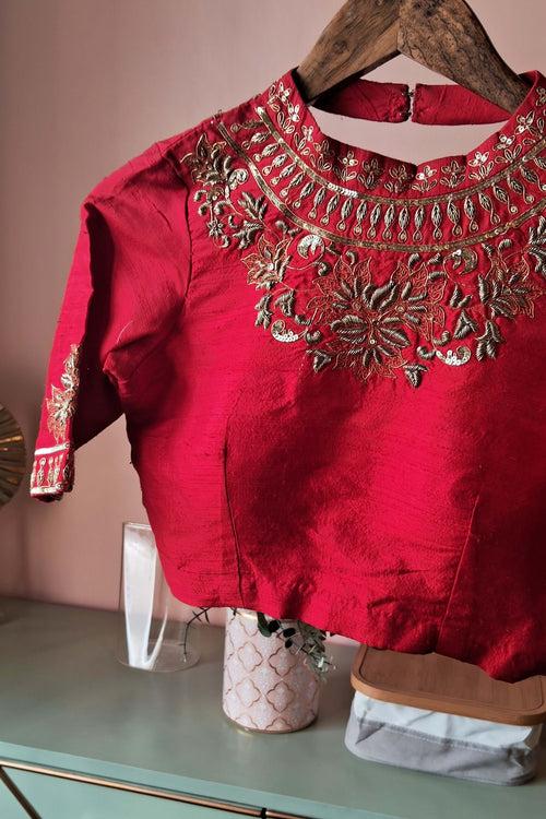 Red Embroidered Silk  Blouse(PL-106)