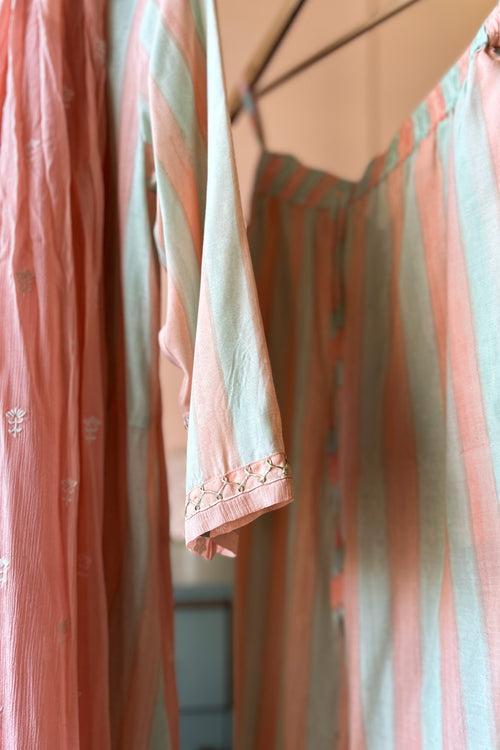 Blush Pink Muslin Tunic Set with Embroidered Dupatta (Set of Three)