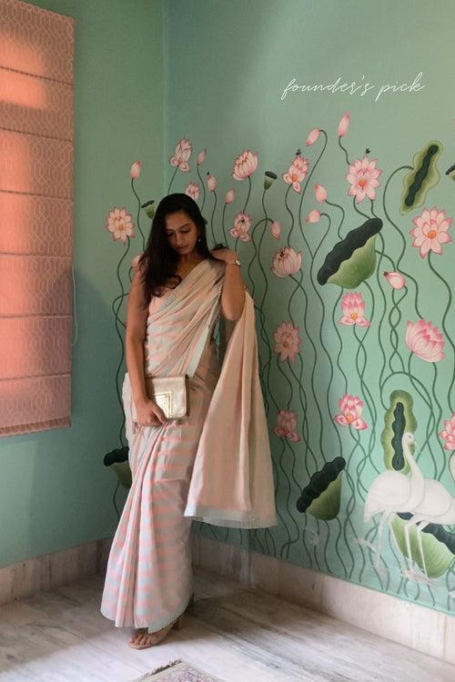 Soft Blue and Peach Striped Muslin Saree