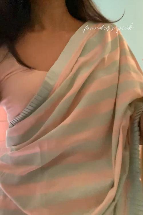 Soft Blue and Peach Striped Muslin Saree