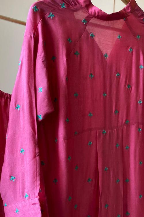 Fuchsia Embroidered Muslin Tunic Co-ord Set (Set of Two)