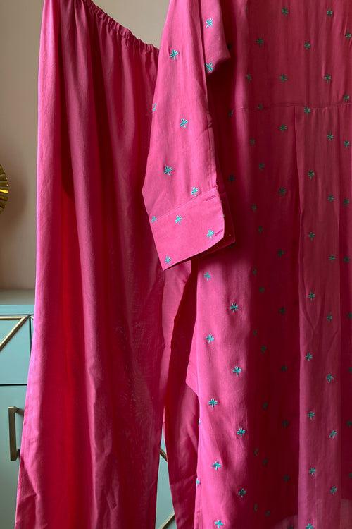 Fuchsia Embroidered Muslin Tunic Co-ord Set (Set of Two)