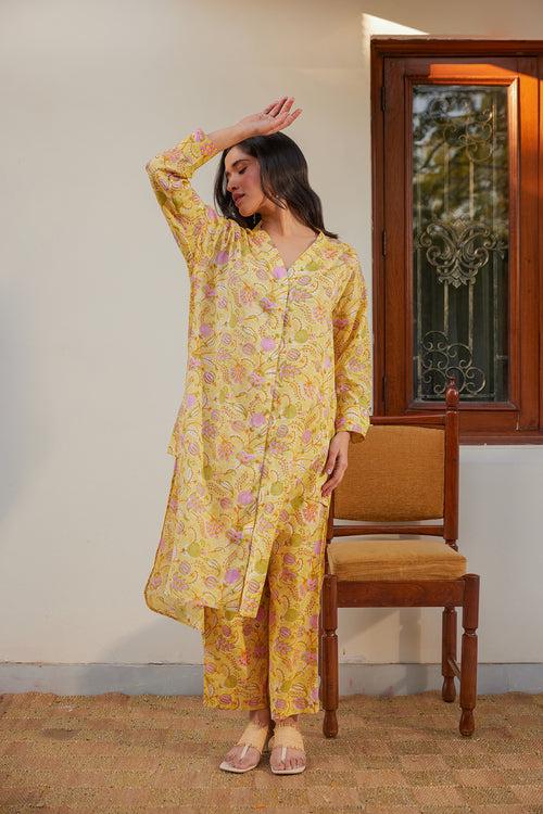 Yellow Floral Muslin Tunic Co-Ord Set (Set of Two)