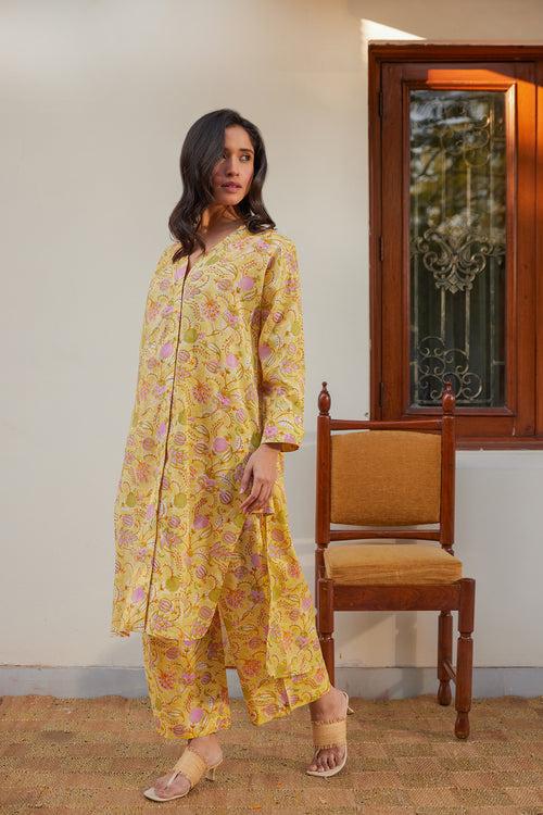 Yellow Floral Muslin Tunic Co-Ord Set (Set of Two)