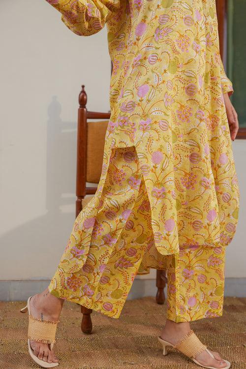 Yellow Floral Muslin Tunic Co-Ord Set (Set of Two)