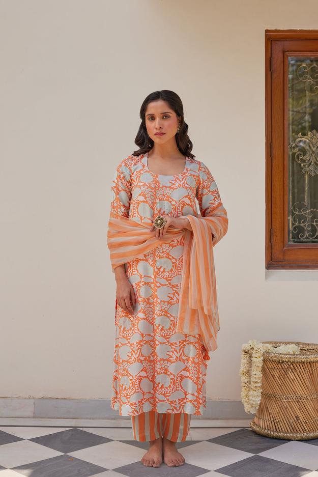 Orange Floral Kurta Set (Set of Three)