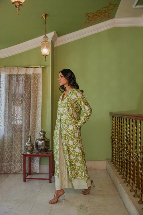 Green Hand Block Printed Floral Tunic Set (Set of Two)