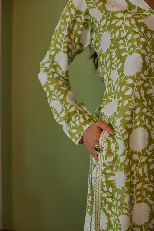 Green Hand Block Printed Floral Tunic Set (Set of Two)