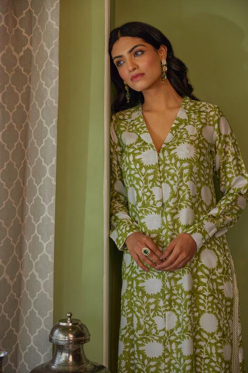 Green Hand Block Printed Floral Tunic Set (Set of Two)