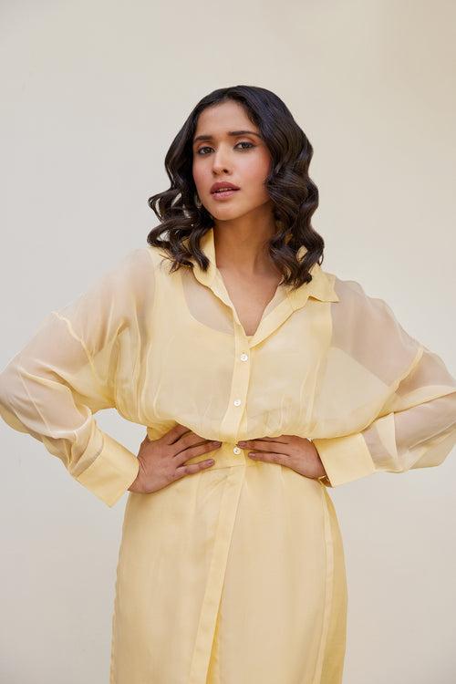 Yellow Solid Organza Jacket Set (Set of Two)