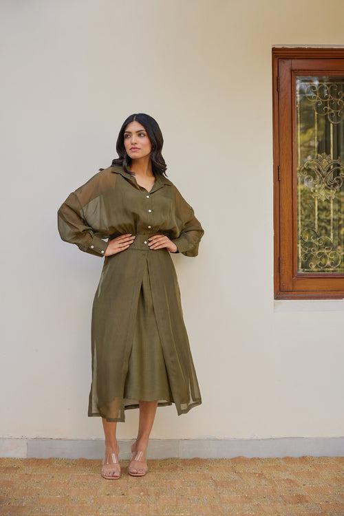 Olive Green Solid Organza Jacket Set (Set of Two)