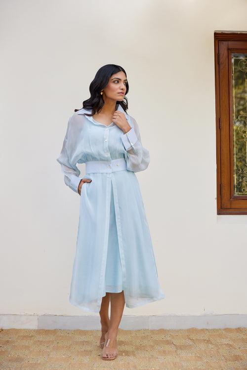 Blue Solid Organza Jacket Set (Set of Two)