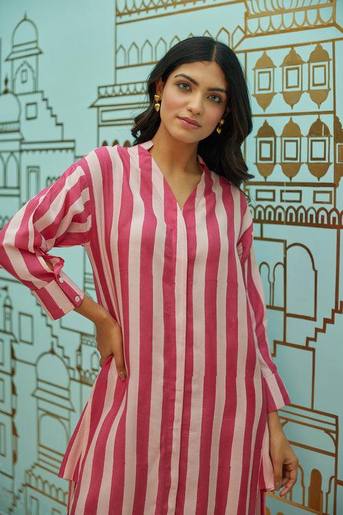 Pink and Blush Peach Striped Muslin Tunic Co-ord Set (Set of Two)