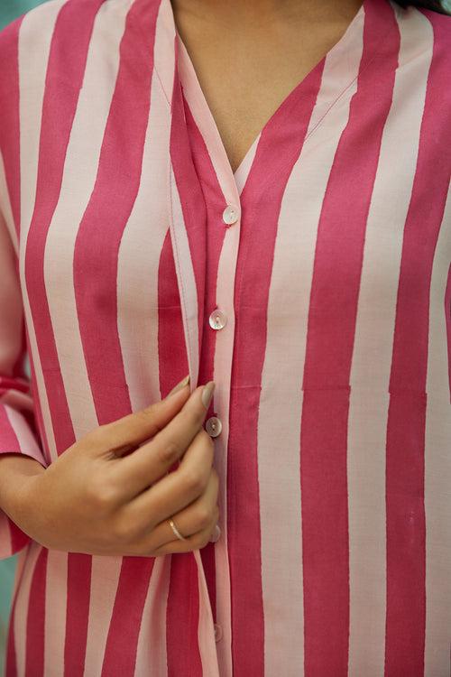 Pink and Blush Peach Striped Muslin Tunic Co-ord Set (Set of Two)
