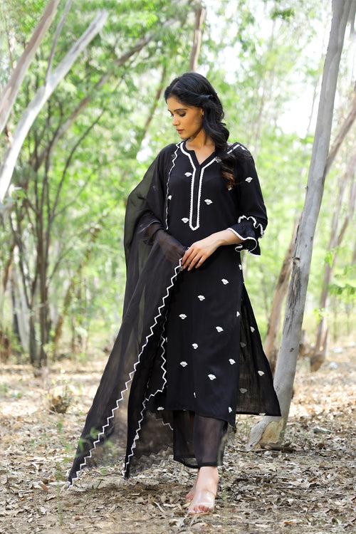 Black Embroidered Tunic Set (Set of Three)