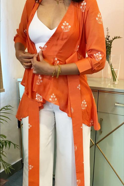 Orange Embroidered Wrap Top