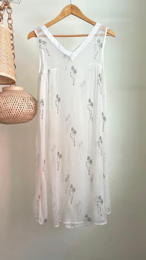 White embroidered  strappy dress with a chiffon overlay dress