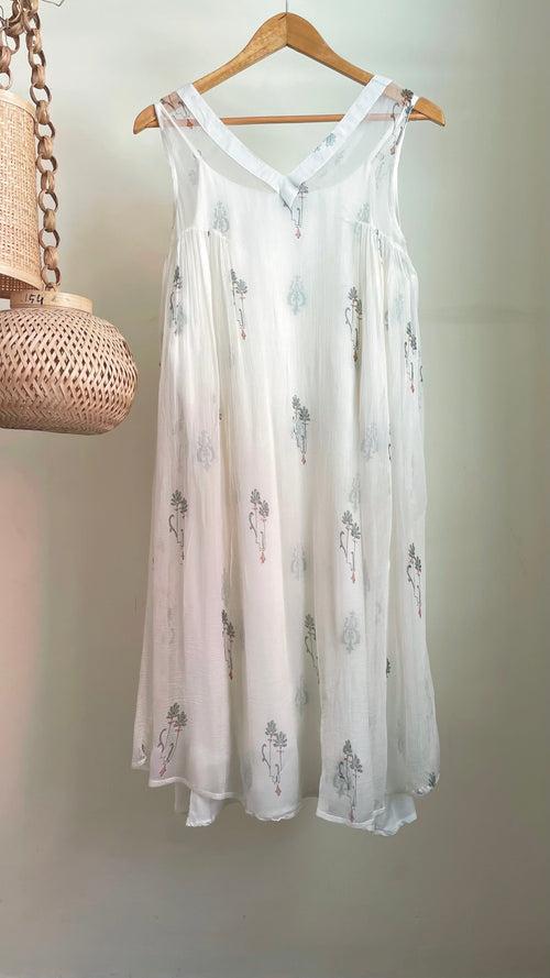 White embroidered  strappy dress with a chiffon overlay dress