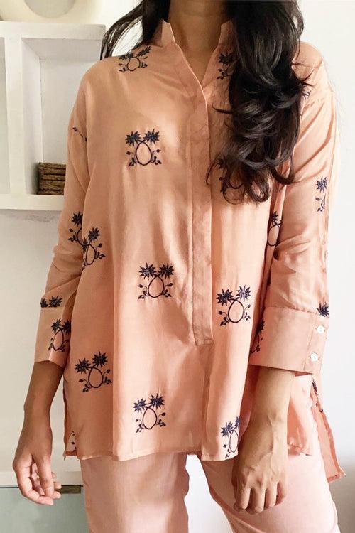 Peach and Navy Muslin Embroidered (Shirt only)