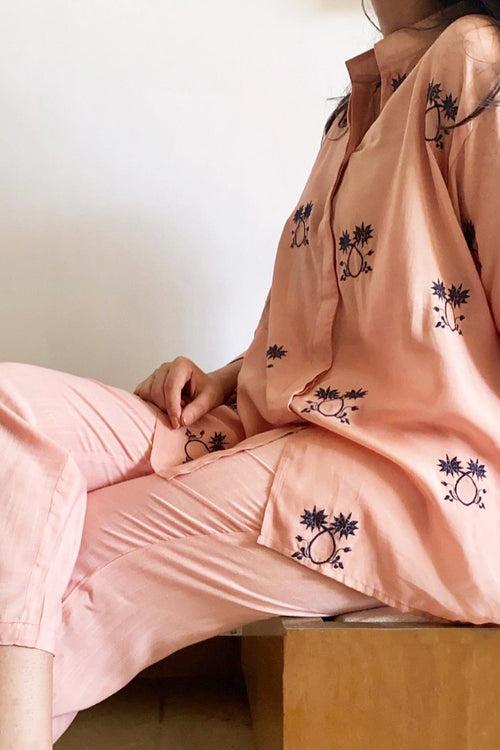 Peach and Navy Muslin Embroidered (Shirt only)