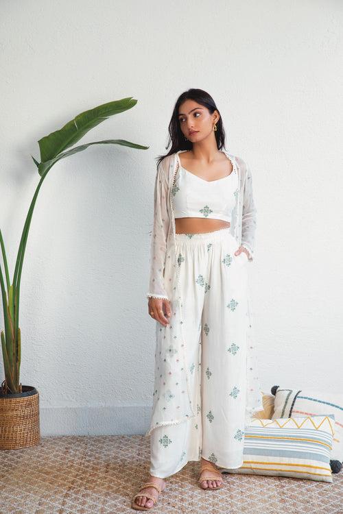 Moroccan Muslin Off-white Embroidered Co-ord Set (Set of 3)