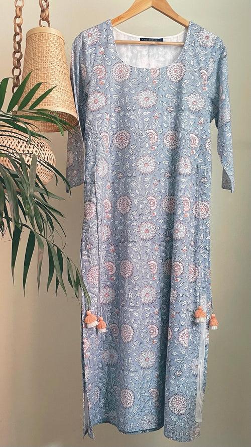 Grey and Peach Block Printed Tunic