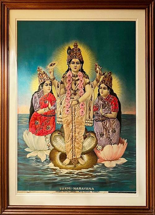 Lord Vishnu with Shri Devi and Bhu Devi Oleograph by Raja Ravi Varma (Embellished)