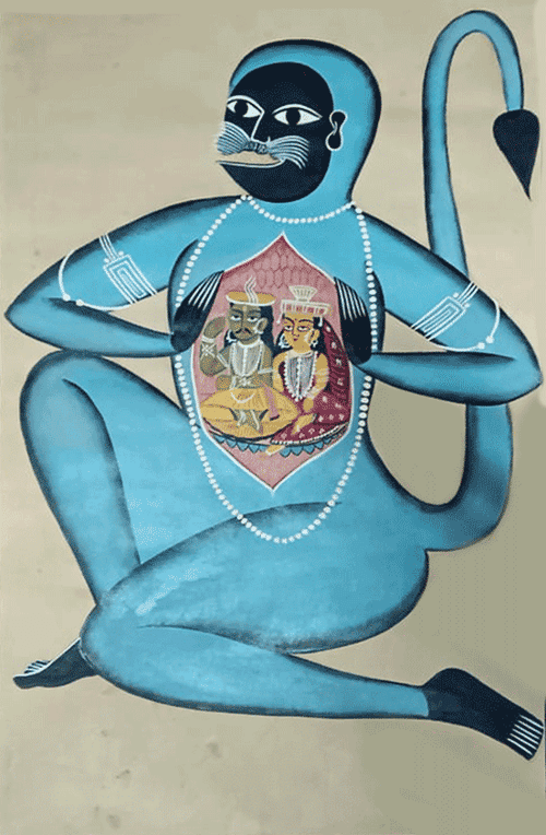 Hanuman tears open his chest to reveal the presence of Ram and Sita in Bengal Pattachitra by Laila Chitrakar