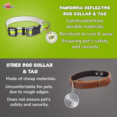 Pawsindia Green Reflective Collar and Customized Name Tag Combo