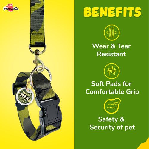 Pawsindia Army Collar, Leash and Customized Name Tag Combo