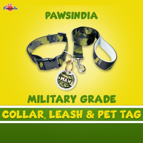 Pawsindia Army Collar, Leash and Customized Name Tag Combo