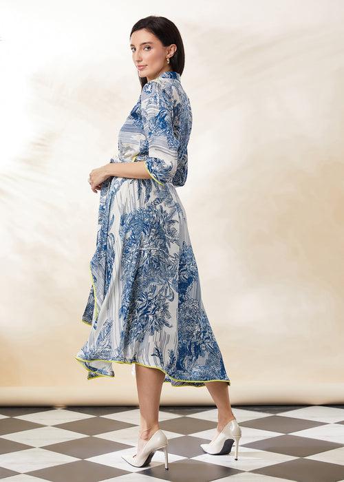 BLUE STENCIL WRAP DRESS