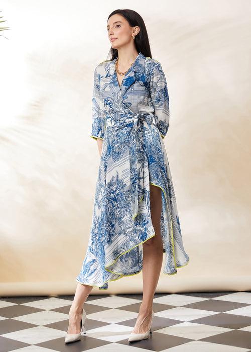 BLUE STENCIL WRAP DRESS