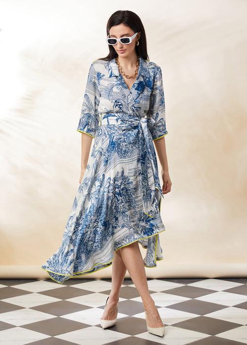 BLUE STENCIL WRAP DRESS