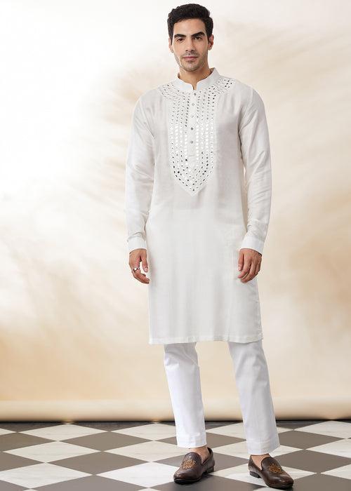 Ivory-white Embroidered Kurta