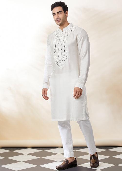 Ivory-white Embroidered Kurta