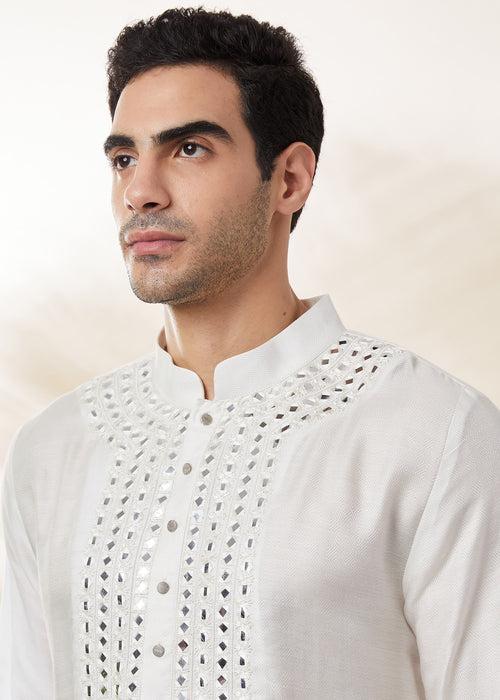 Ivory-white Embroidered Kurta