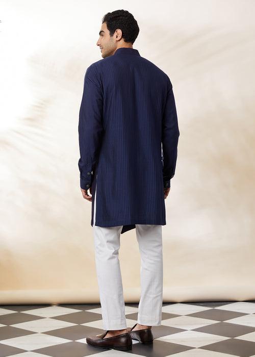 textured kurta-achkan in navy