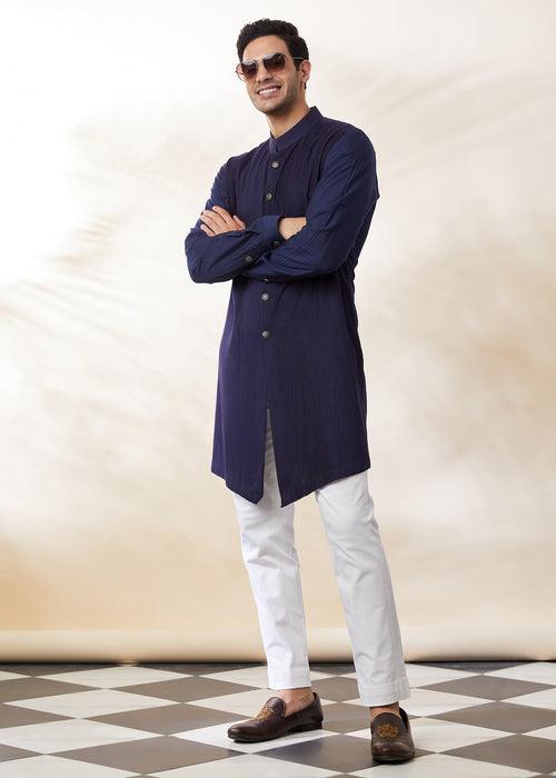 textured kurta-achkan in navy