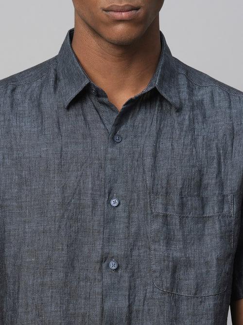 Men's 100% Linen Navy Regular Fit Short Sleeved Shirt