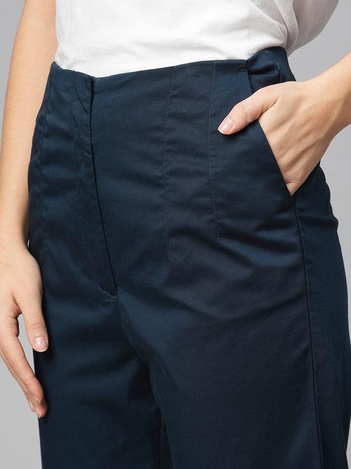 Women's Navy Cotton Elastane Slim Fit Pant