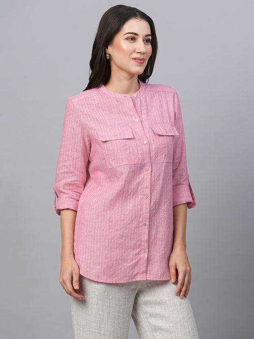 Women's Pink Linen Excel Regular Fit Blouse