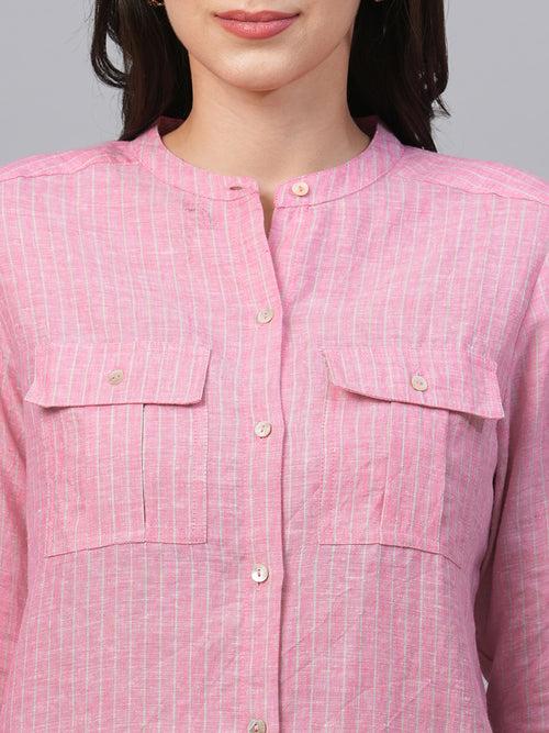 Women's Pink Linen Excel Regular Fit Blouse