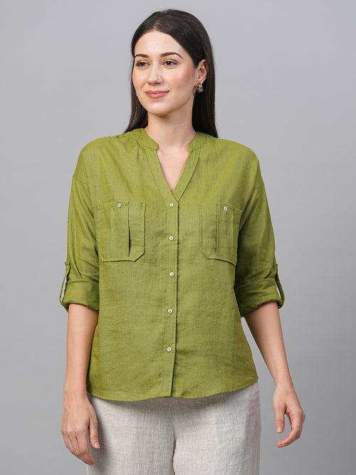 Women's Green Linen Regular Fit Blouse