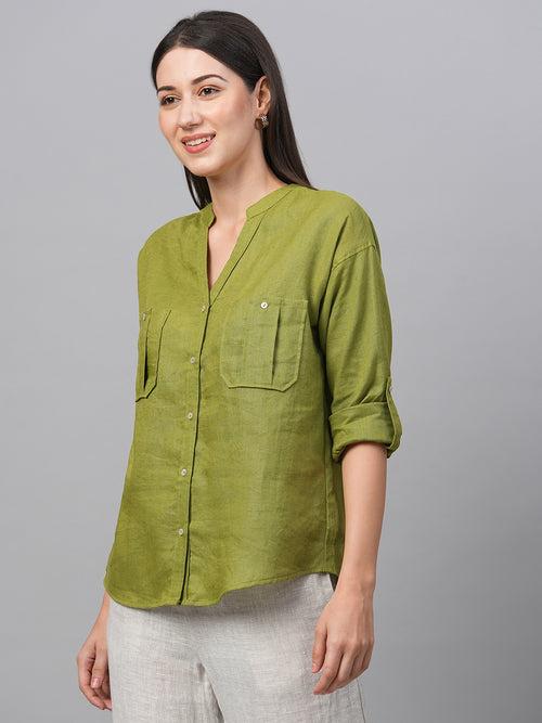 Women's Green Linen Regular Fit Blouse