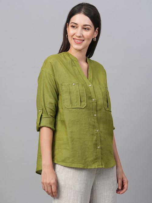 Women's Green Linen Regular Fit Blouse